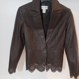 Vintage 90s Brown genuine leather Newport News blazer with cutouts sz 10, GUC